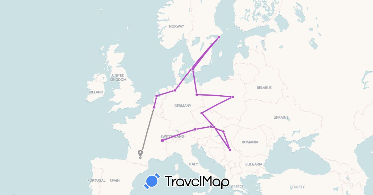 TravelMap itinerary: plane, train in Belgium, Germany, France (Europe)